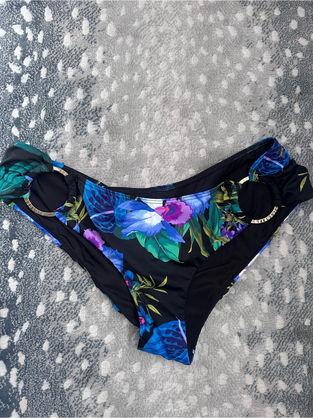 Victoria's Secret Black Floral Bikini Bottom with Blue & Purple Flowers - Picture 3 of 5